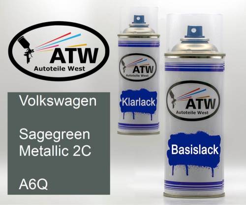 Volkswagen, Sagegreen Metallic 2C, A6Q: 400ml Sprühdose + 400ml Klarlack - Set, von ATW Autoteile West.